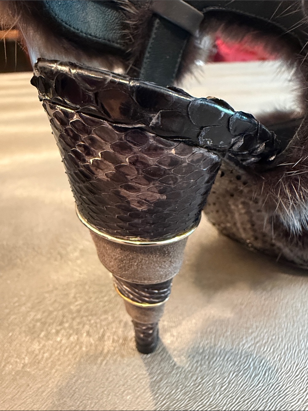 Salvatore Ferragamo Dark Grey Mink Fur and Python Leather Cage Sandals. - Picture 8 of 10